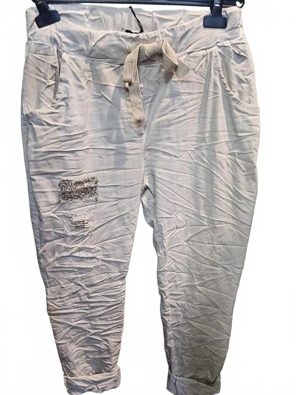 NEW MADE IN ITALY women's embroidered italian crinkle joggers in tan